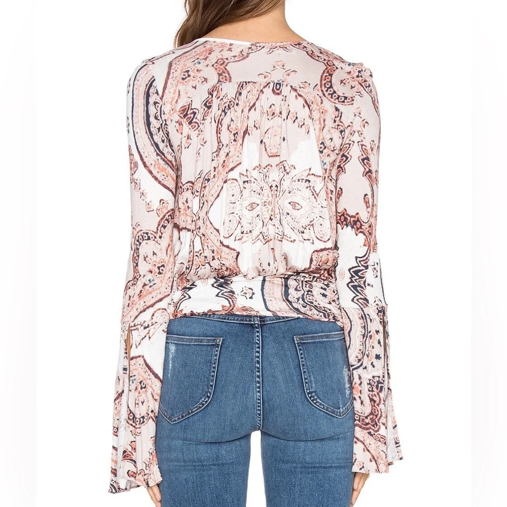 Free People Fiona Paisley Faux Wrap Top Boho Bell Sleeve Surplice Blouse Size M